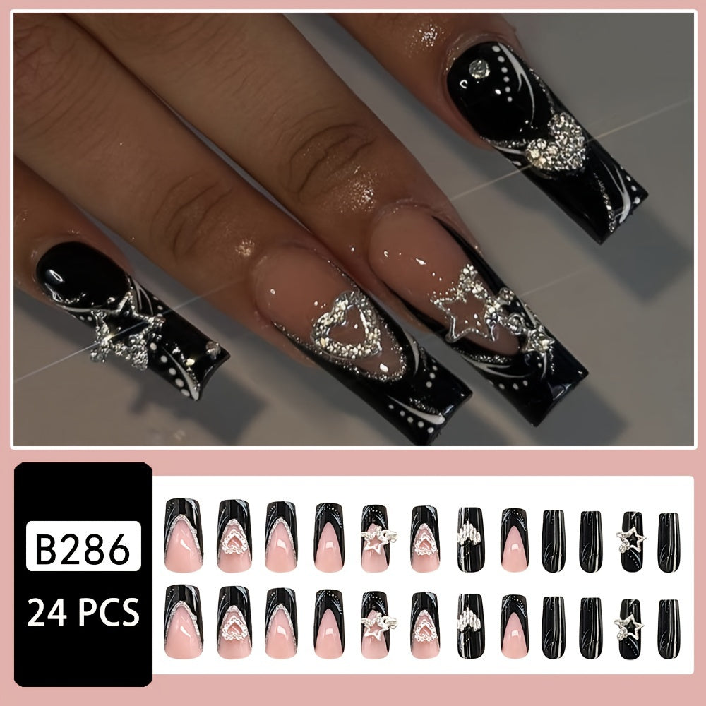 24pcs Set of Medium-Length Square Press-On Nails, Glossy Black French Tips with Sparkling Star and Heart Alloy Accents, Removable Acrylic Fake Nails Kit with Jelly Glue & Nail File - Perfect for DIY Manicure
